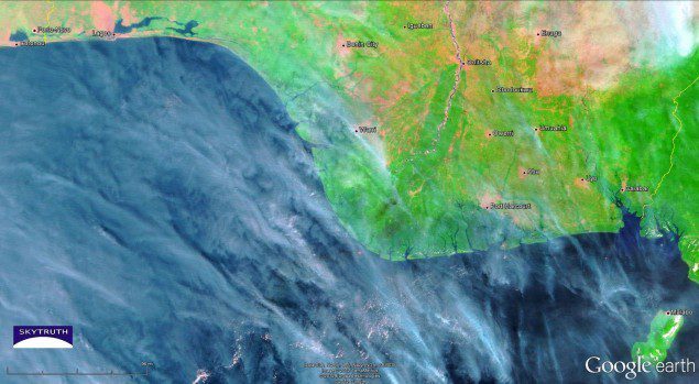 SkyTruth_Nigeria_Chevron_fire_MODIS_17jan2012_721 K.S. Endeavor jack up rig fire satellite photo