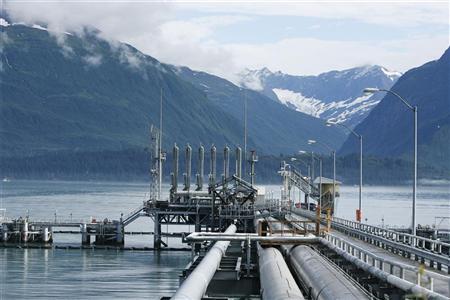 A mooring station for oil tankers can be seen at the Trans-Alaska Pipeline Marine Terminal in Valdez, Alaska trans-alaska pipeline marine terminal