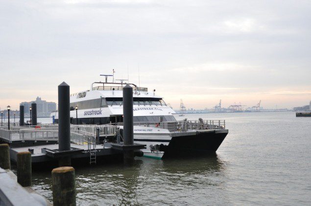 NEW YORK - The passenger ferry Seastreak, which allided with a pier on the East River, N.Y., remains moored while state and federal agencies conduct investigations into the cause of the incident, Jan. 9, 2013. U.S. Coast Guard photo by Petty Officer 2nd Class Jetta H. Disco.