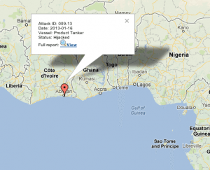 IMB Report: 16.01.2013: 2200 LT: Abidjan anchorage, Ivory Coast.A tanker was reported hijacked by pirates. Further details awaited.