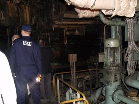 Coast Guard investigators from the Coast Guard Marine Safety Center and the Investigations Center of Expertise examine the cruise ship Carnival Triumph's engine room, Feb. 14, 2013, to determine the cause of a fire that broke out Feb. 10 and stranded the ship with its passengers for days in the Gulf of Mexico. Photo: USCG