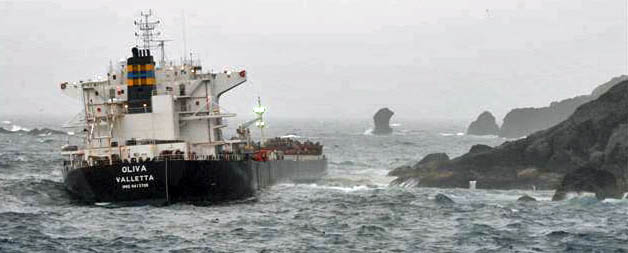 The MS Olivia grounded on Nightingdale Island in March, 2011. Photo courtesy Tristandc.com