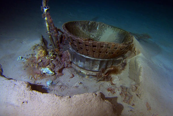 The thrust chamber from the Apollo 11 mission, found on the Atlantic Ocean floor by Bezos Expeditions. (Credit: Bezos Expeditions)