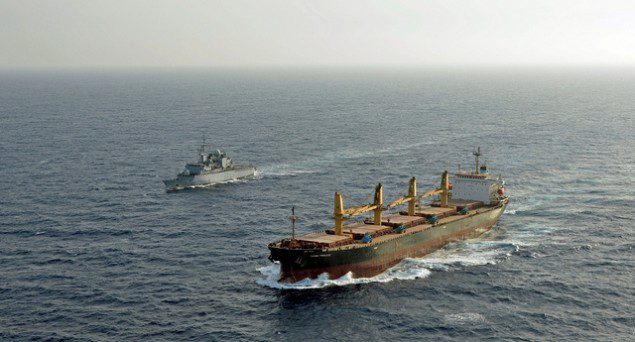 The French EU Naval Force (EU NAVFOR) ship FS Nivôse seen escorting a World Food Programme (WFP) chartered vessel in May 2013. The WFP ship was escorted from Djibouti to the port of Mombasa in Kenya. Photo credit: EU Naval Force Media and Public Information Office