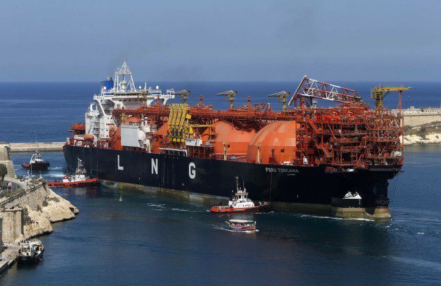 The Offshore LNG regasification terminal, the FSRU Toscana, is towed into Valletta's Grand Harbour July 1, 2013. The FSRU Toscana, a converted ship and the first offshore-moored floating regasification plant in the world, is on its way from Dubai to Livorno, Italy, where it will be permanently moored and used as a gas terminal and export point, according to local media. REUTERS/Darrin Zammit Lupi (MALTA - Tags: MARITIME BUSINESS ENERGY) MALTA OUT. NO COMMERCIAL OR EDITORIAL SALES IN MALTA